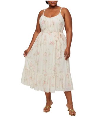 Plus Size Tea-Length Floral Scoop-Neck Dress