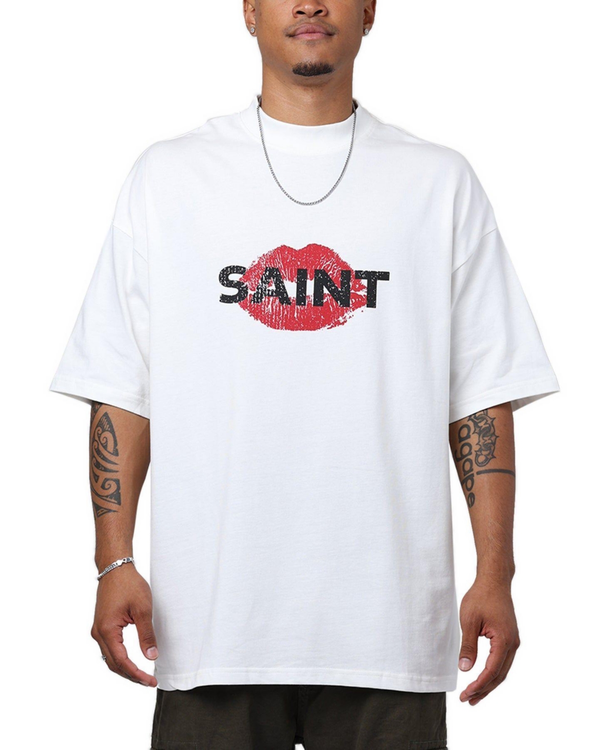 Saint Morta Men's Love Helpline Oversized Mock-Neck Graphic T-Shirt