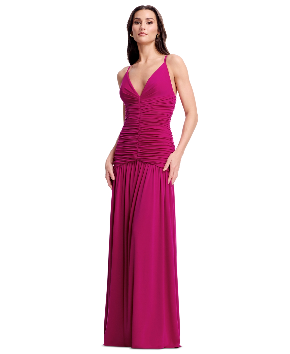 Dress the Population Women's Sleeveless Deep V-Neck Ruched Maxi Dress - Dark Fuchs