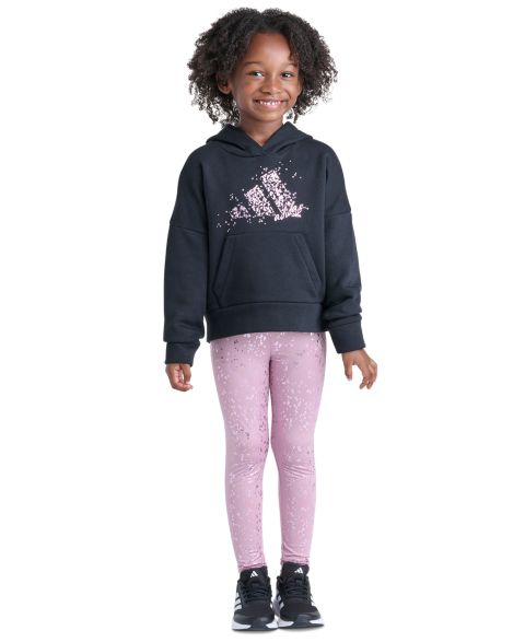 Комплект adidas Hooded Kangaroo-Pocket All-Over-Print Pullover and Leggings, 2-Piece Set для девочек, цвет: Чёрный