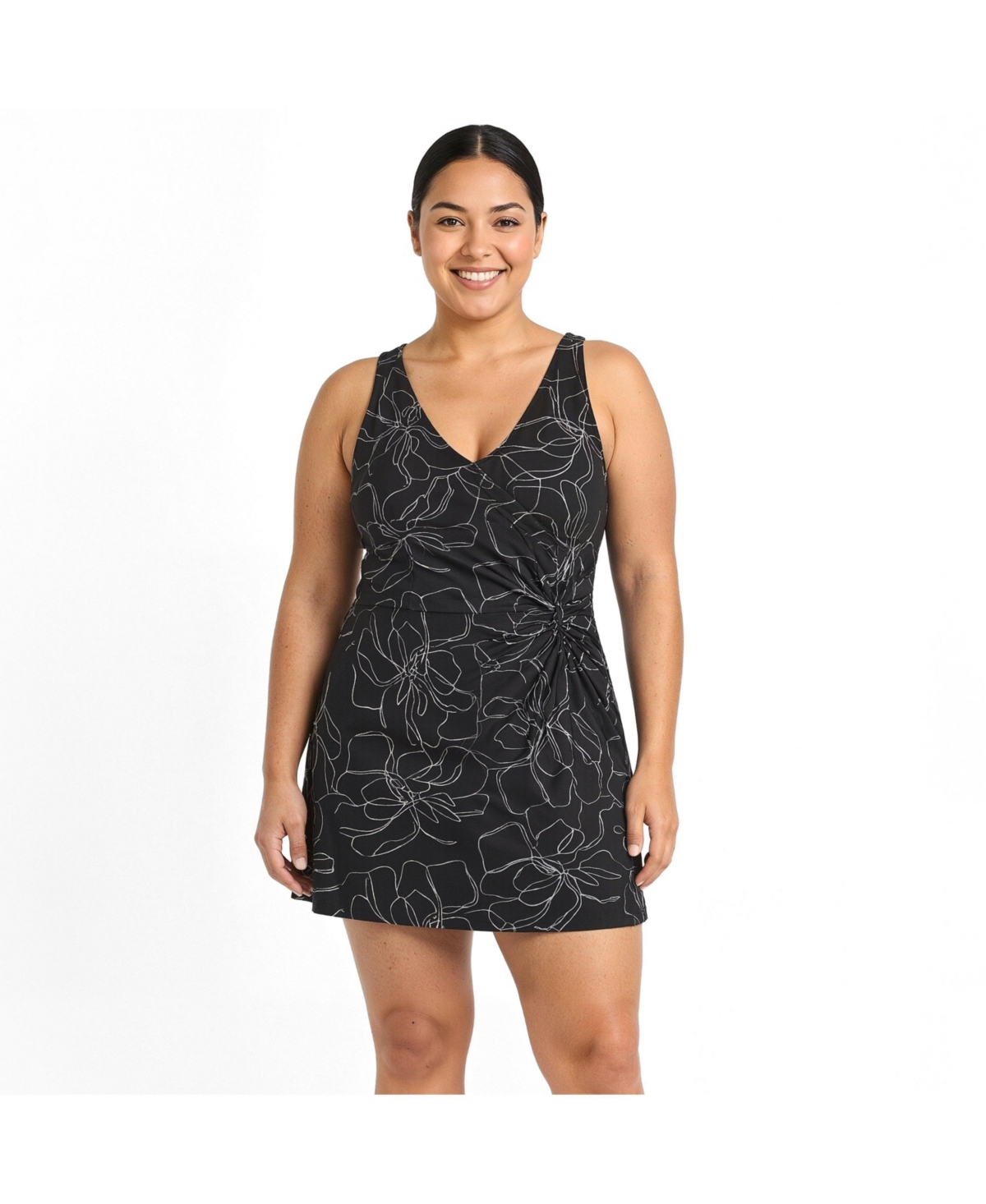 Calypsa Plus Size Alana Wrap-Style Swim Dress With Hidden Bottoms and Adjustable Straps - Black floral