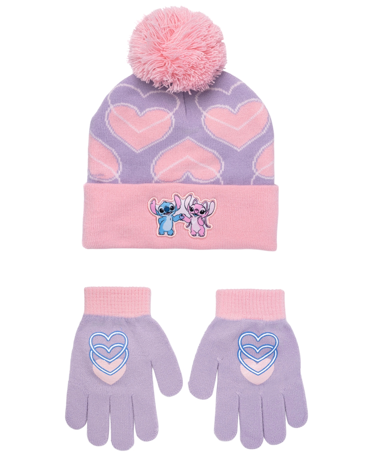 Disney Girls' Stitch and Angel Pom-Pom Acrylic Beanie and Gloves, 2-Piece Set - Lavender