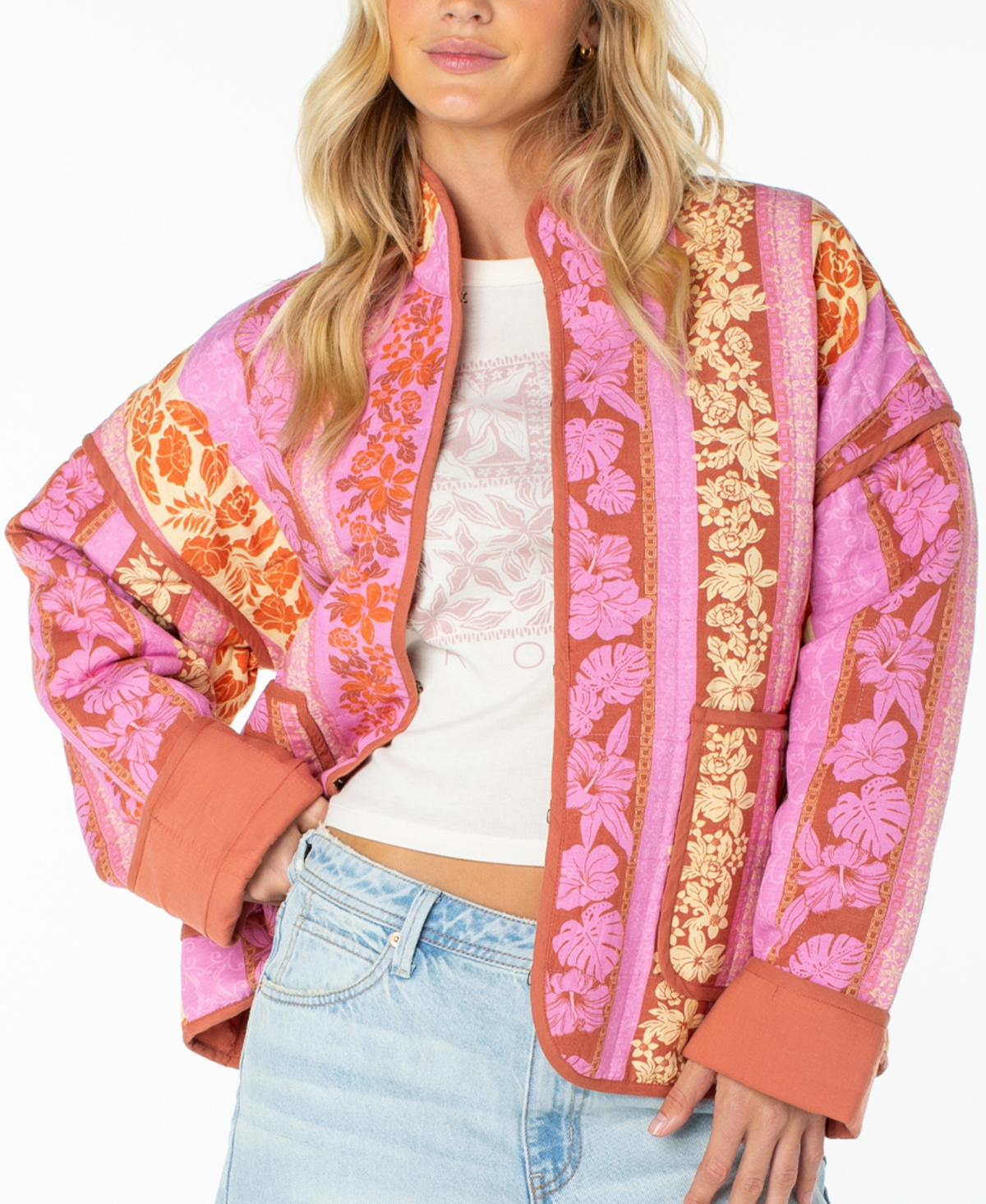 Roxy Women's Solana Lightweight Floral Quilted Jacket In Fuchsia Pink Lanai Stripe