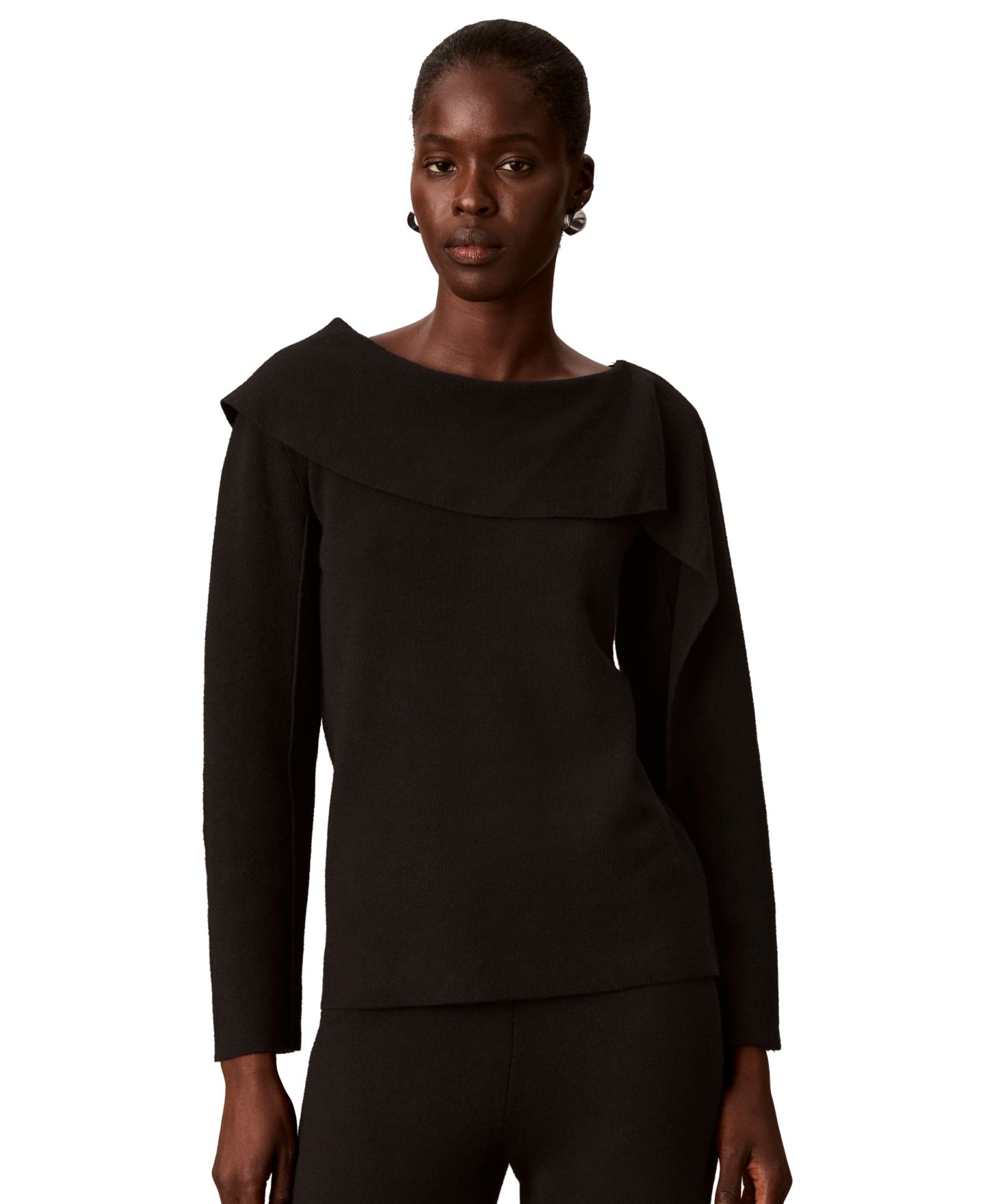 Женский свитер Calvin Klein Asymmetrical Drape Boat Neck Long-Sleeve, цвет: Чёрный — фото 1