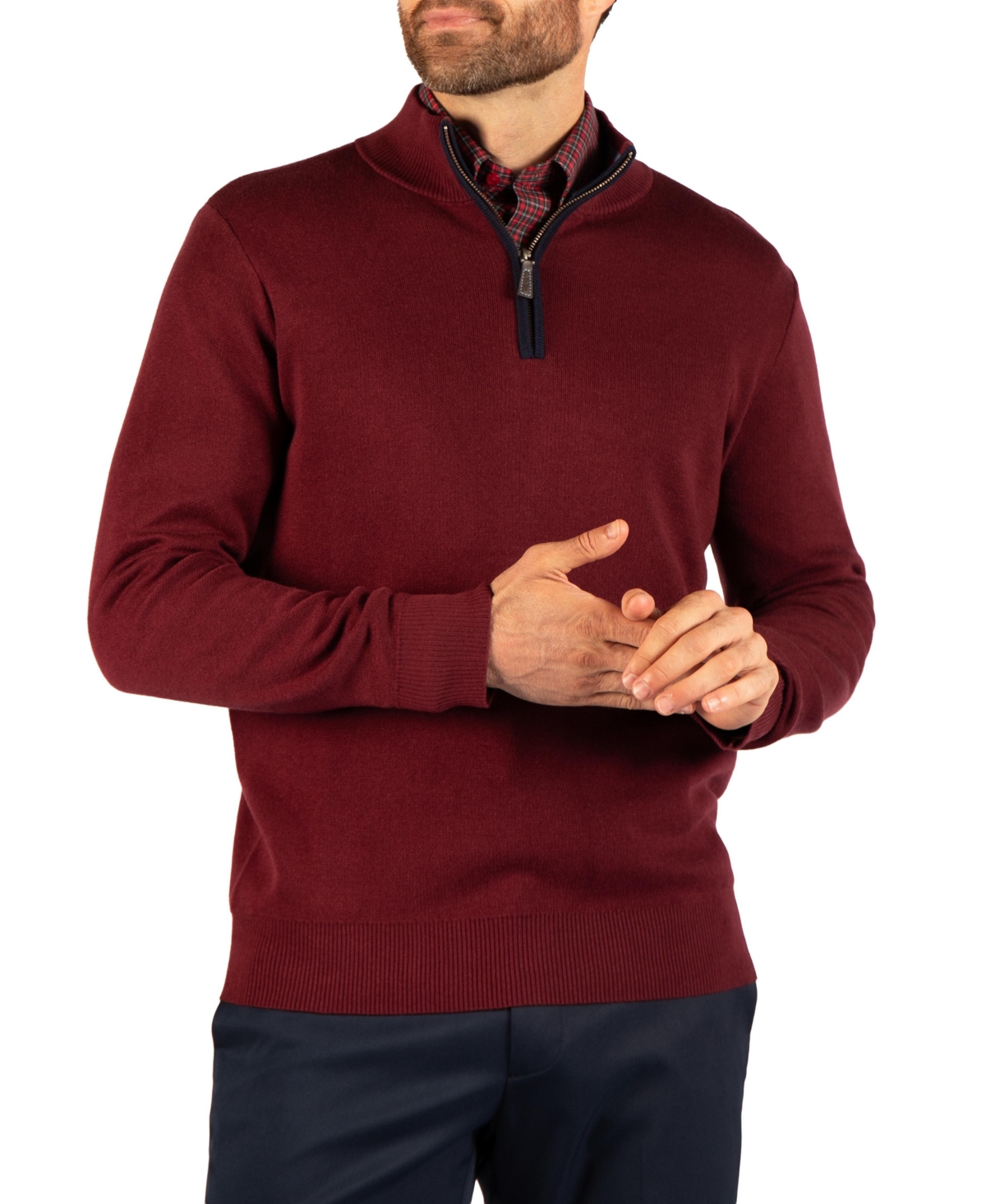 TailorByrd Men's Fine-Knit Mock-Neck Quarter-Zip Sweater with Contrast Tipping