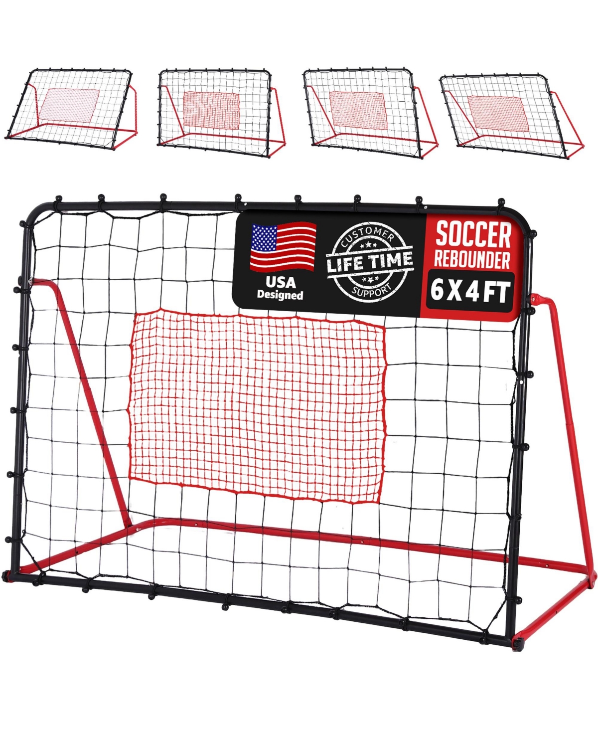 Zealfeel 6x4FT Soccer Rebounder Net - Kickback Trainer with 10 Angles (55deg-120deg) for Passing, Ball Control and Volley Practice, Portable Net