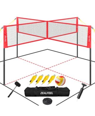 14 feet 4-Way Volleyball Crossnet for the Whole Family, 3 Adjustable Heights, Complete Kit with Ball, Pump, Hammer and Carry Bag