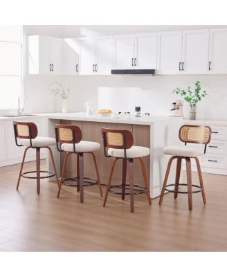 Rattan Cane Back Counter Height Stools Set of 4, Swivel Bar Stools with Upholstered Seat, Island Seating for Kitchen