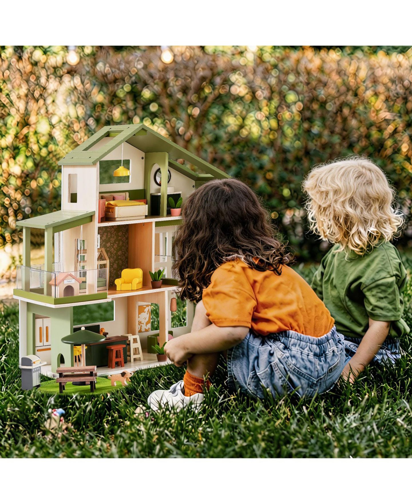 Деревянный 3-этажный кукольный дом Tiny Land Sweetwood Edge, Монтессори, 49 предметов, цвет: Зелёный — фото 10