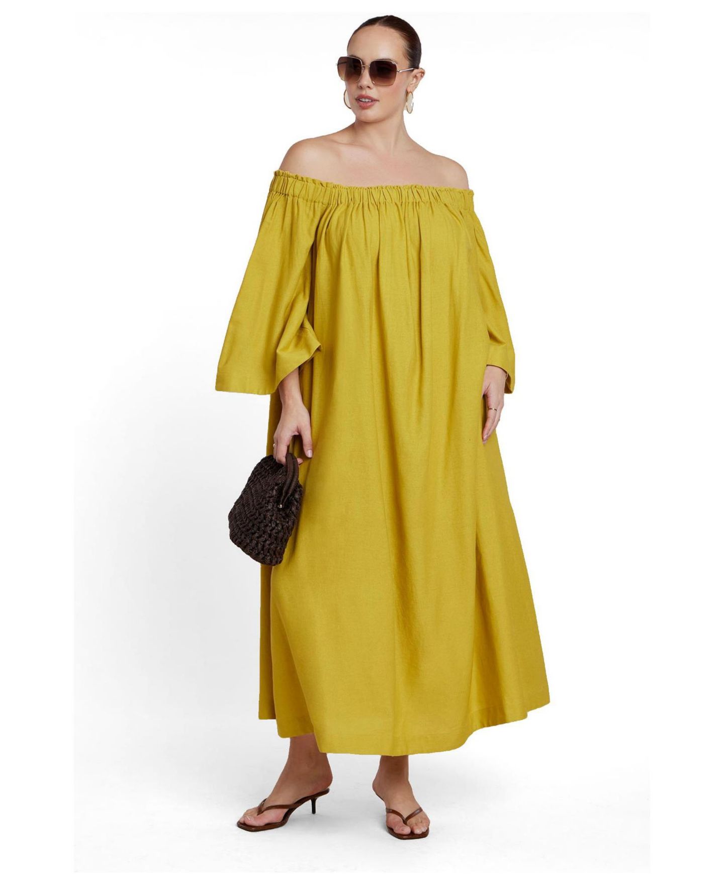 Женское платье ELOQUII Plus Size Easy Off-the-Shoulder Linen-Blend Maxi, цвет: Шартрез — фото 2
