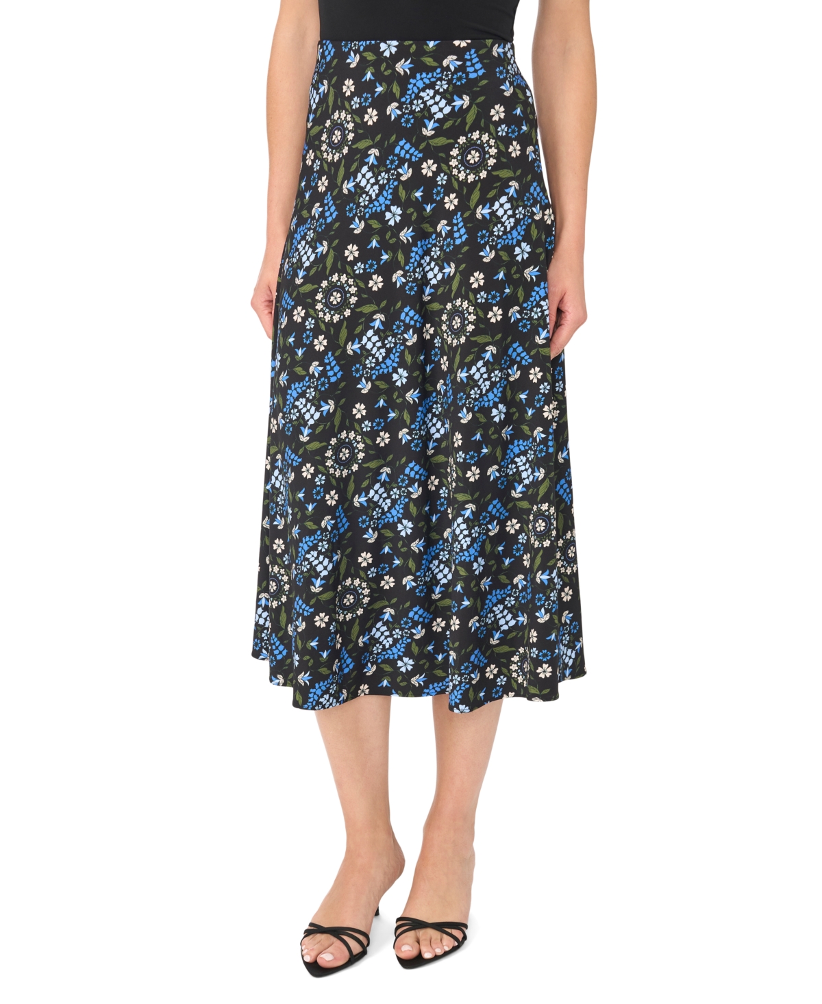 CeCe Women's Bias High-Waisted A-Line Floral Midi Skirt - Rich Black