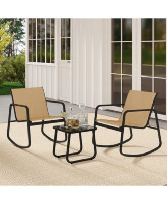 3 Piece Patio Rocking Set 2 Rocking Bistro Chairs and Glass-Top Table for Porch