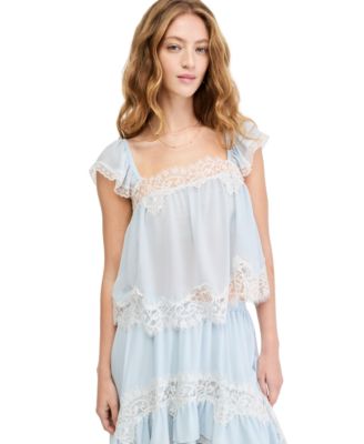 Petite Square Neck Lace Flutter-Sleeve Top