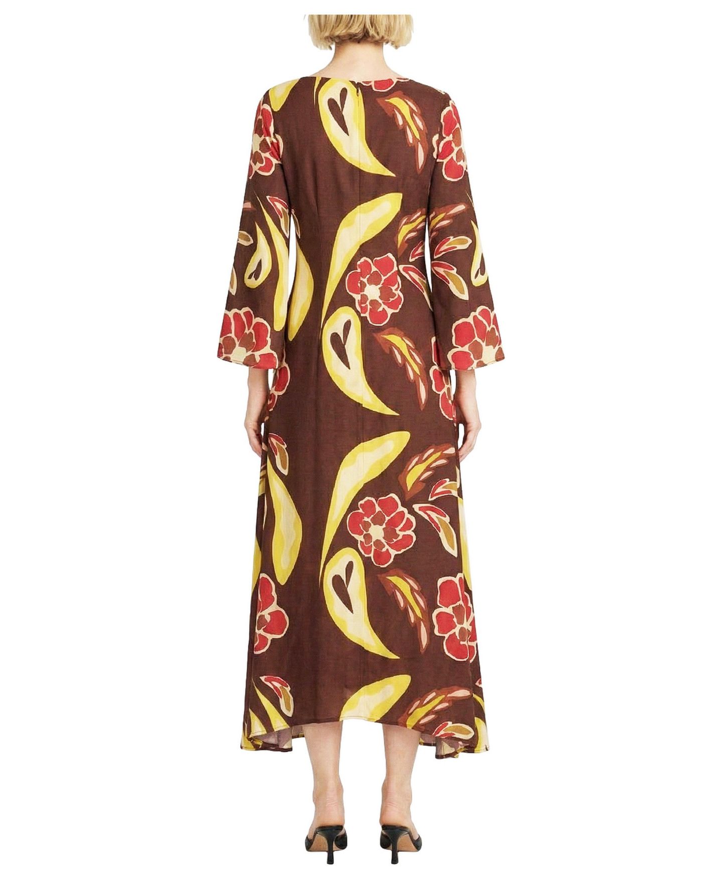 Женское платье ELLE Collection Long-Sleeve Floral-Print Boat Neck, цвет: Разноцветный коричневый — фото 3