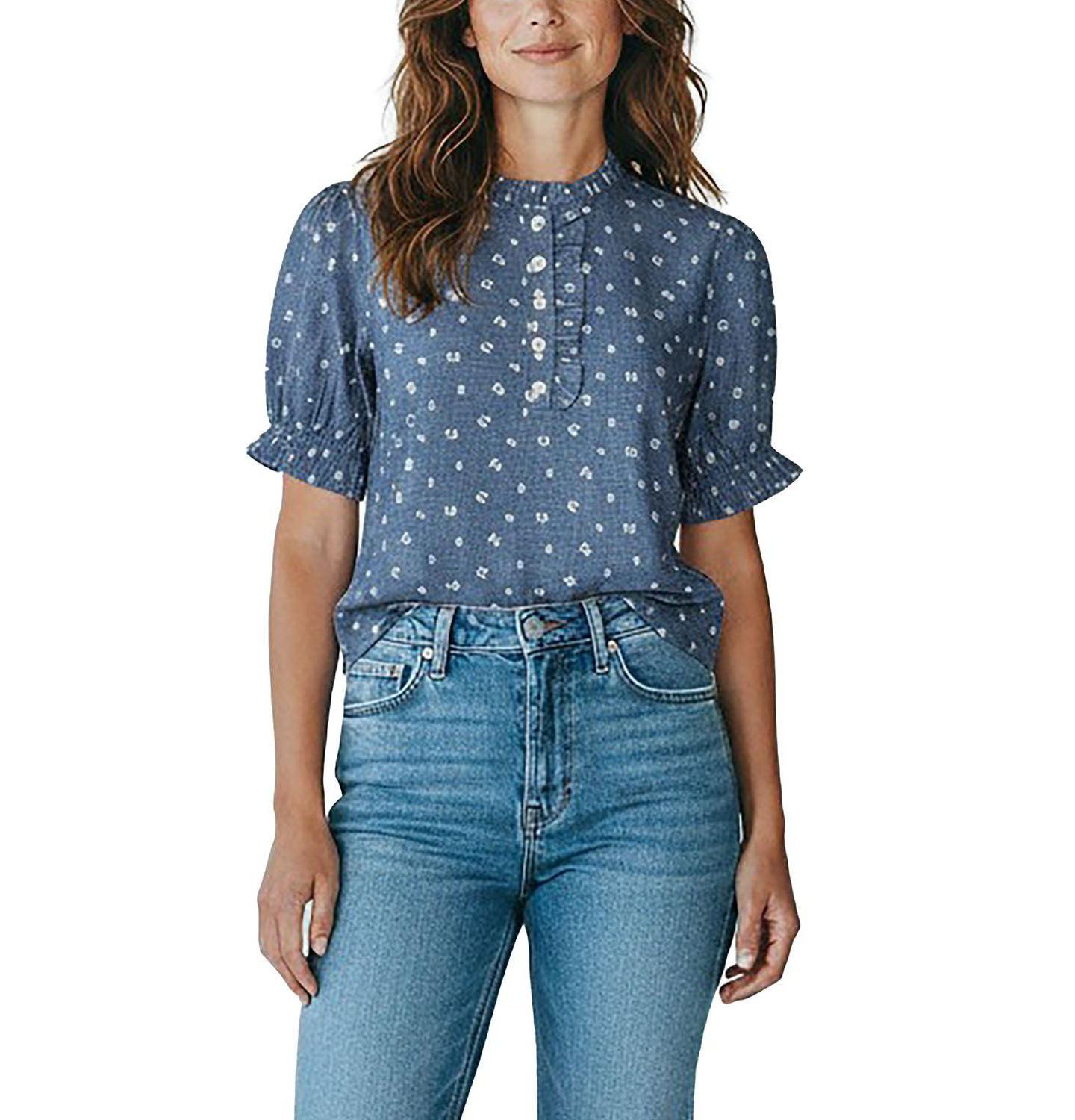 Женская блузка Hope & Henry Chambray Puff-Sleeve Floral-Print, цвет: Шамбре с принтом — фото 1