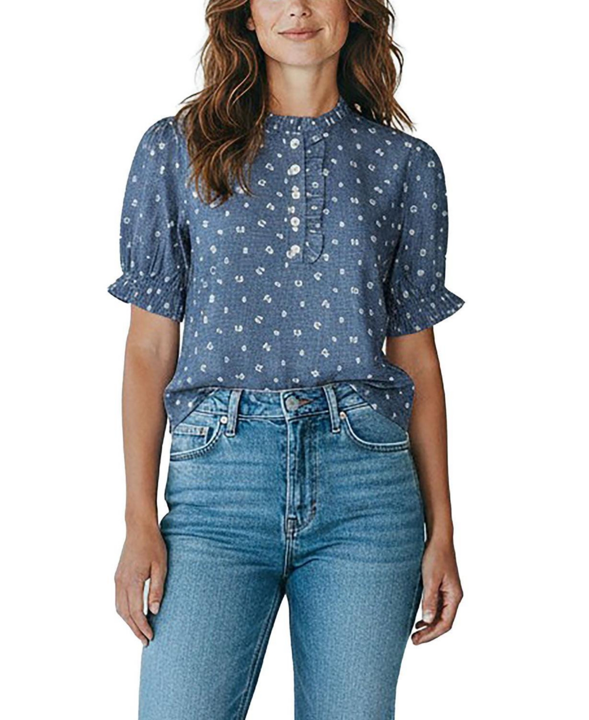 Hope & Henry Women's Chambray Puff-Sleeve Floral-Print Blouse