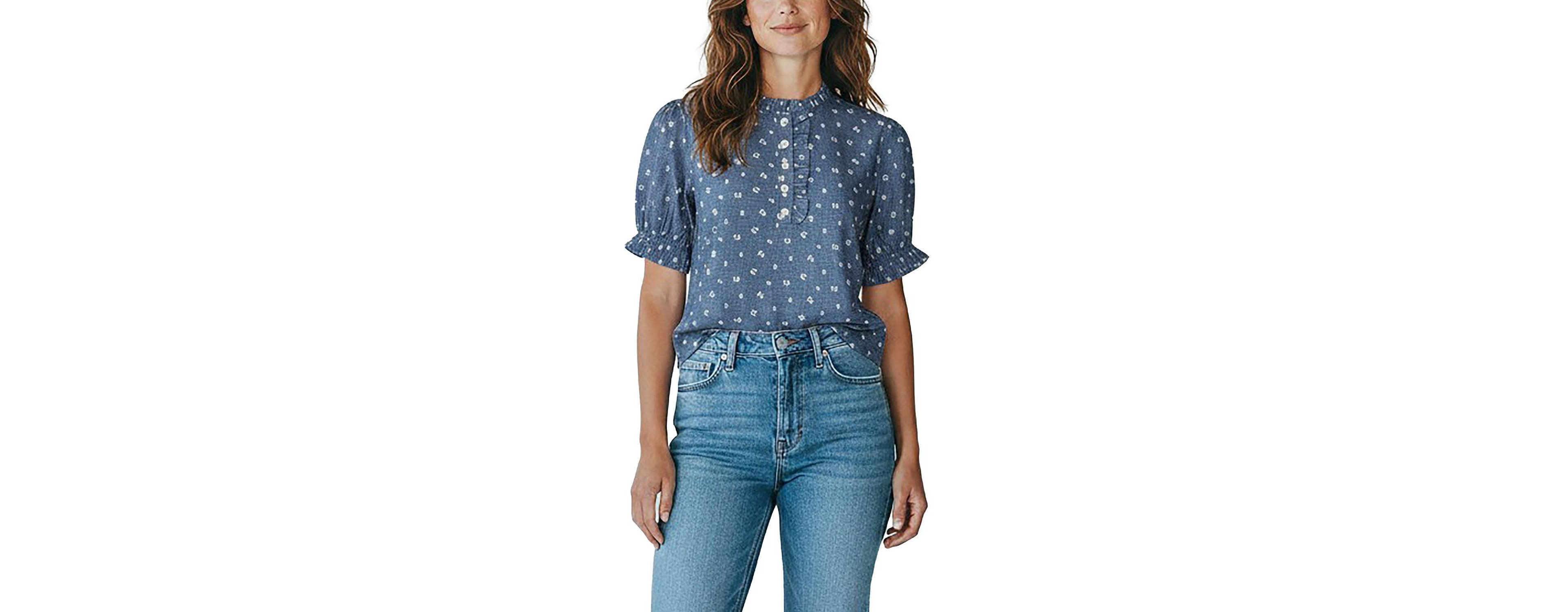 Hope & Henry Women's Chambray Puff-Sleeve Floral-Print Blouse