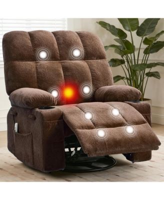 Oversized Swivel Rocker Recliner With Heat and Massage, 8 Vibration Massage Nodes, Lumbar Heat Therapy, Soft Fabric, Cup Holders, For Living Room