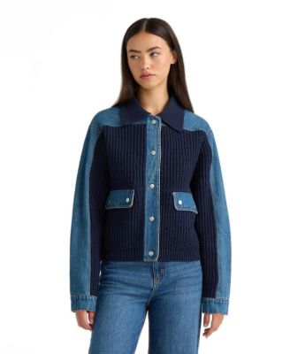 Women's Denim Trim Long-Sleeve Sweater Jacket