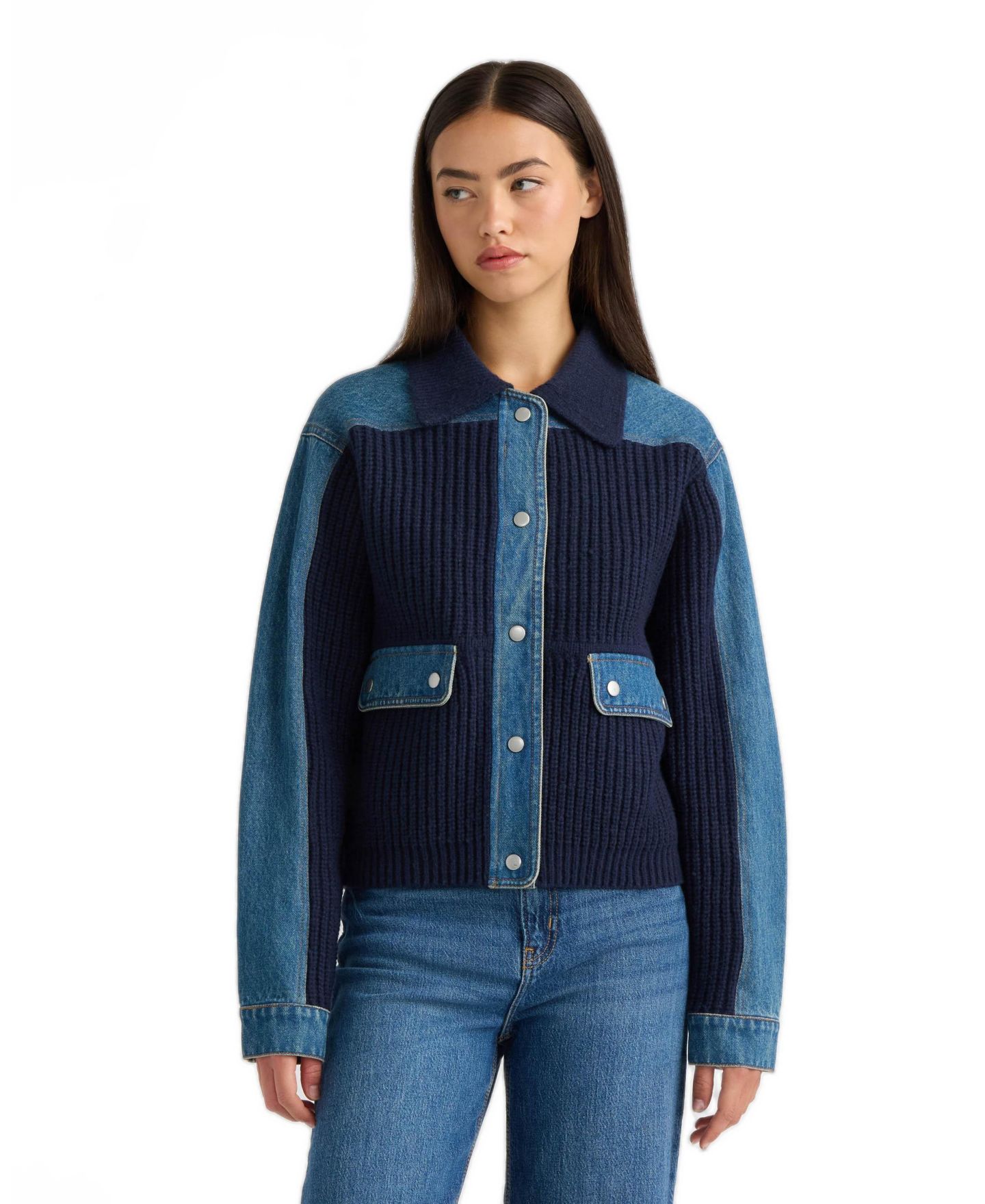 Женская куртка NVLT Denim Trim Long-Sleeve Sweater Jacket, цвет: Тёмно-синий — фото 1