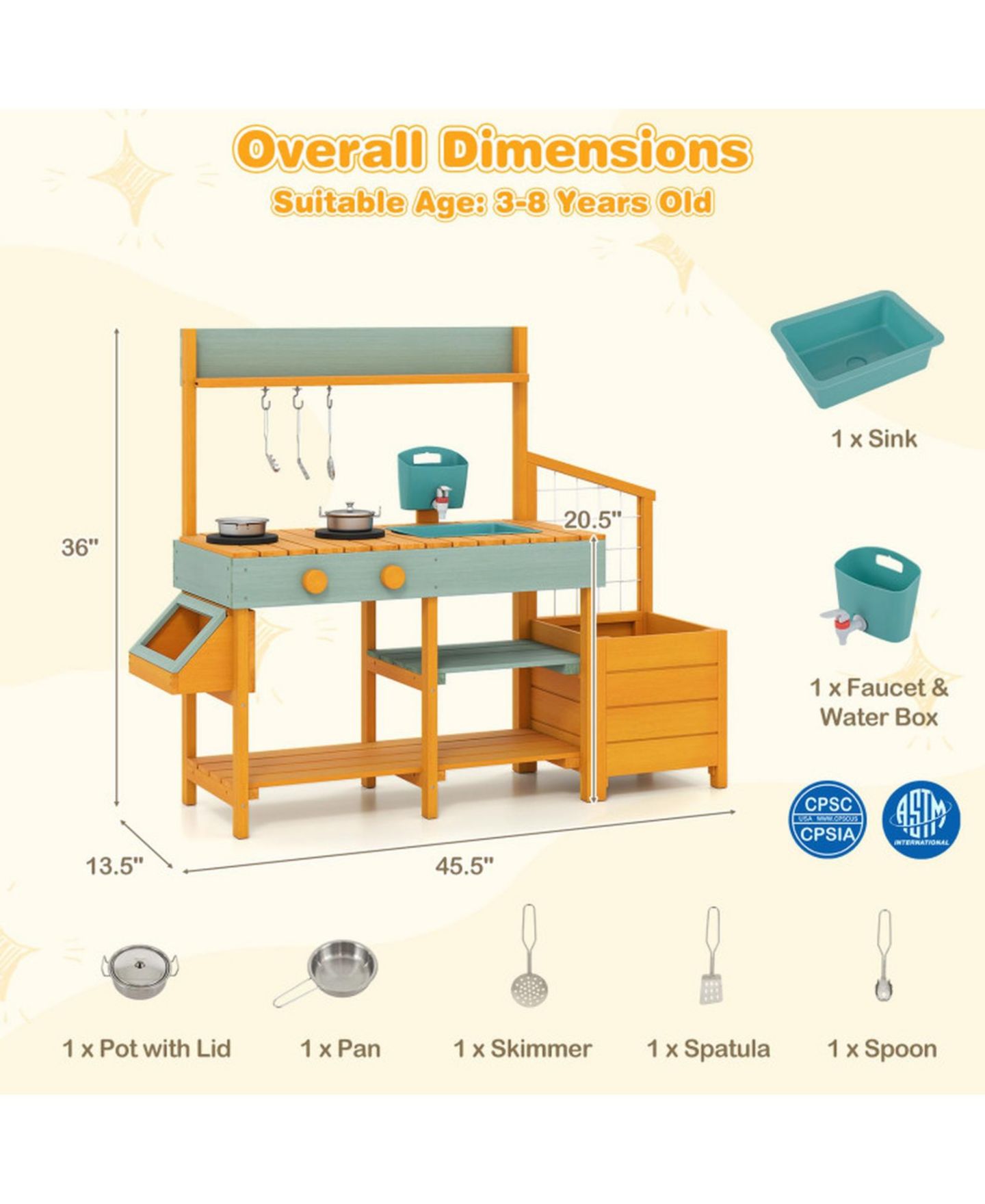 Игровой набор Sugift Mud Kitchen с ящиками для растений и съёмной раковиной, от 3 до 8 лет, цвет: Жёлтый — фото 3