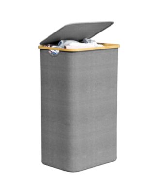 110L Laundry Hamper with Lid, Large Collapsible Tall Clothes Basket Bin with Bamboo Handles for Bedroom, Bathroom and Dorm