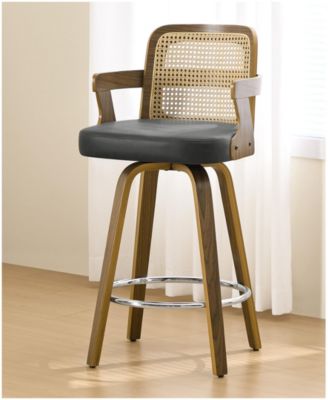 26" Mid-Century Swivel Counter Height Bar Stools, Rattan Back and Faux Leather Kitchen Stools