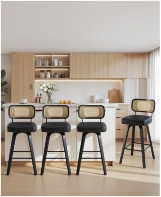 26" Mid-Century Swivel Counter Height Bar Stools, Rattan Back and Faux Leather Kitchen Stools