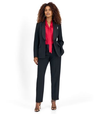 Women's Sleeveless Satin Tie-Neck Blouse, Stretch Crepe Blazer & Straight-Leg Pants 