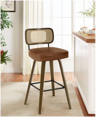 29" Mid-Century Swivel Bar Height Bar Stools, Rattan Back and Faux Leather Kitchen Stools