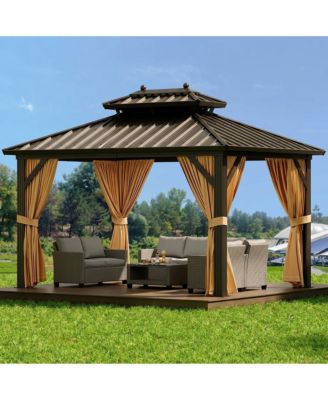 12x10ft Hardtop Gazebo with Curtains and Netting, Permanent Outdoor Patio Gazebo with Aluminum Frame and Double Metal Roof