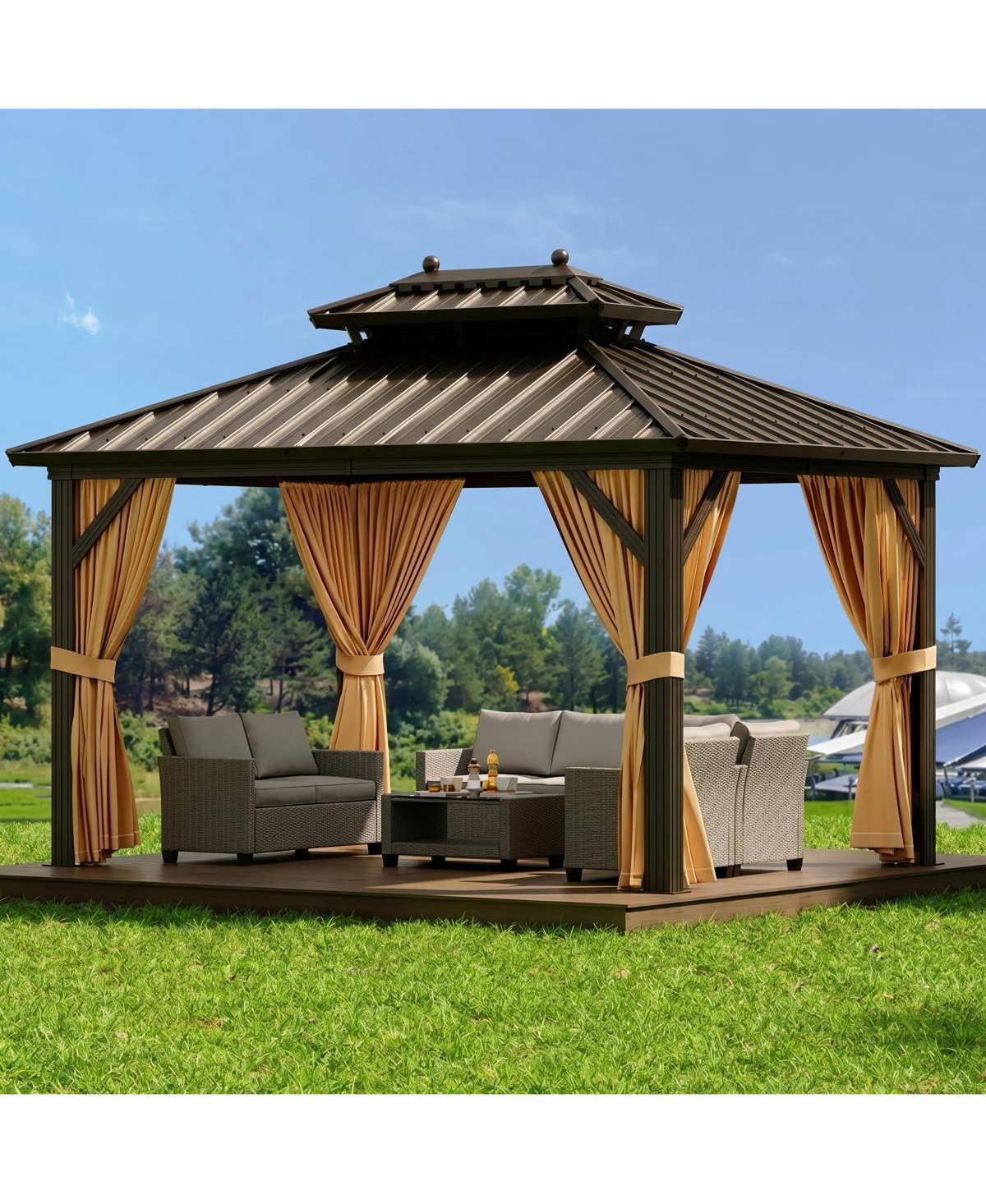 GarveeLife 12x10ft Hardtop Gazebo with Curtains and Netting, Permanent Outdoor Patio Aluminum Frame Double Metal Roof