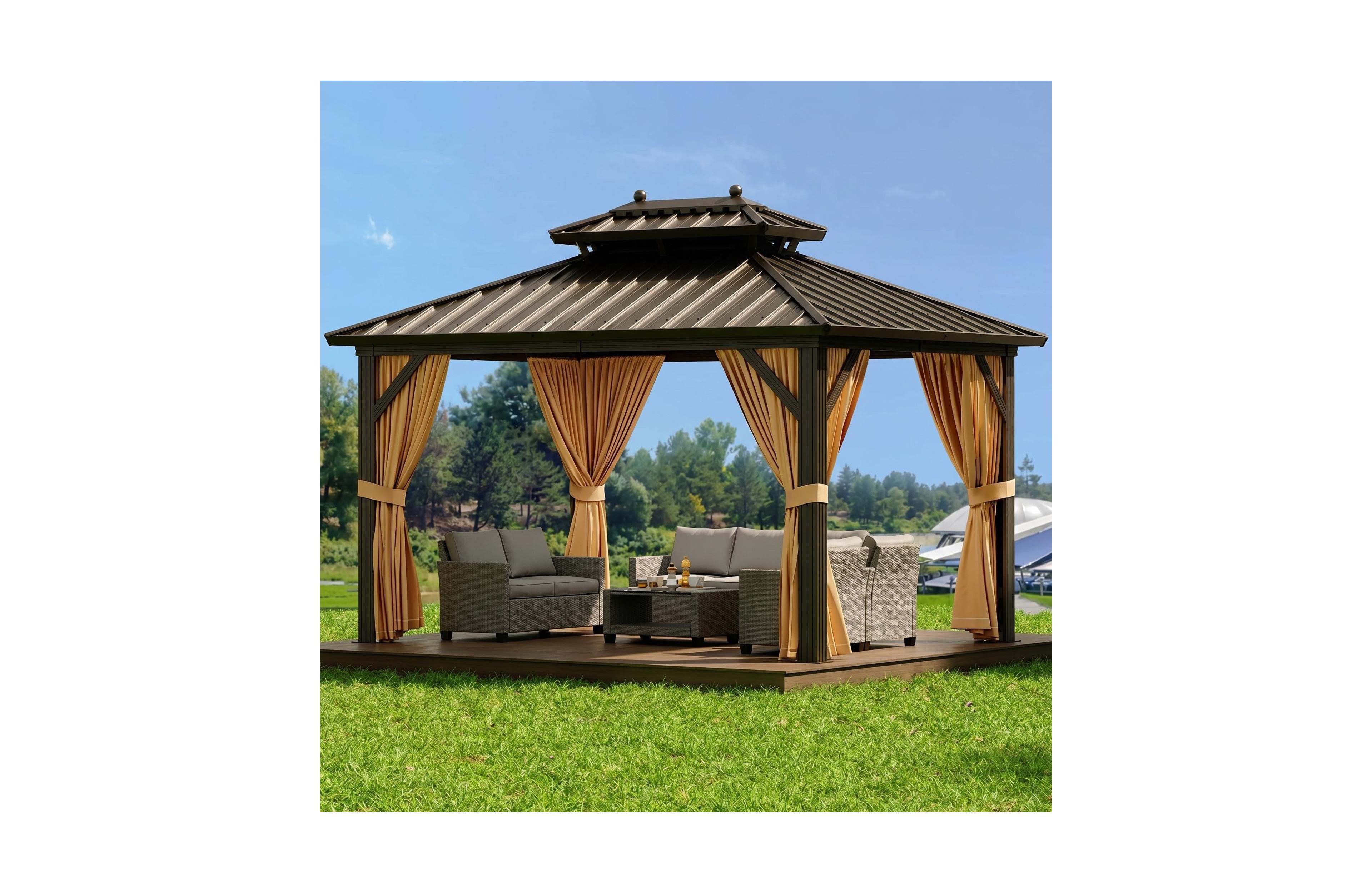 GarveeLife 12x10ft Hardtop Gazebo with Curtains and Netting, Permanent Outdoor Patio Aluminum Frame Double Metal Roof