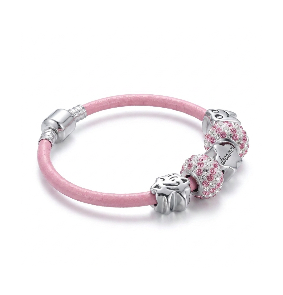 Bling Jewelry Tooth Fairy Pink Crystal Bead Charm Bracelet .925 Sterling Silver Leather