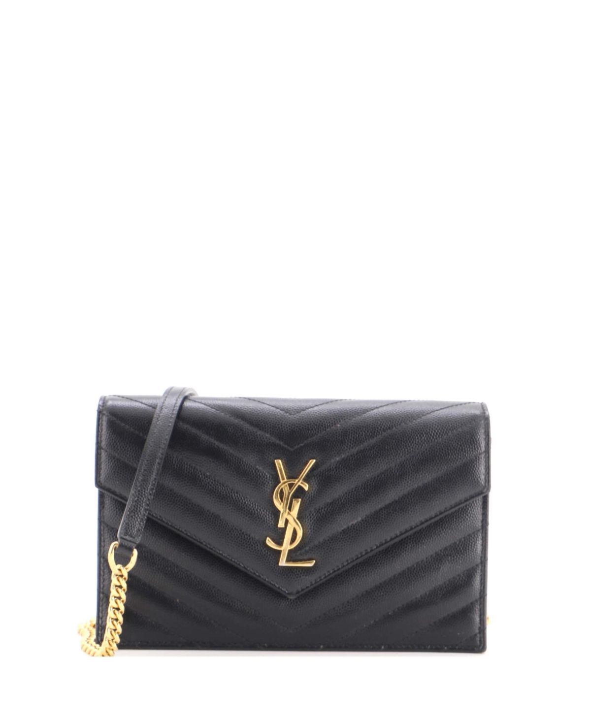 Pre-Owned Saint Laurent Classic Monogram Crossbody Matelasse Chevron Wallet on Chain - Black