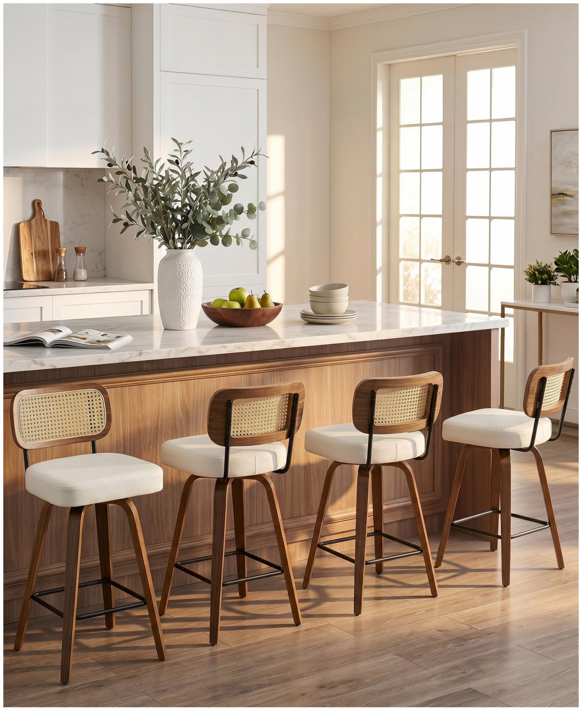 Bekrvio 26" Mid-Century Swivel Counter Height Bar Stools, Rattan Back and Faux Leather Kitchen Stools - Rattan cream white