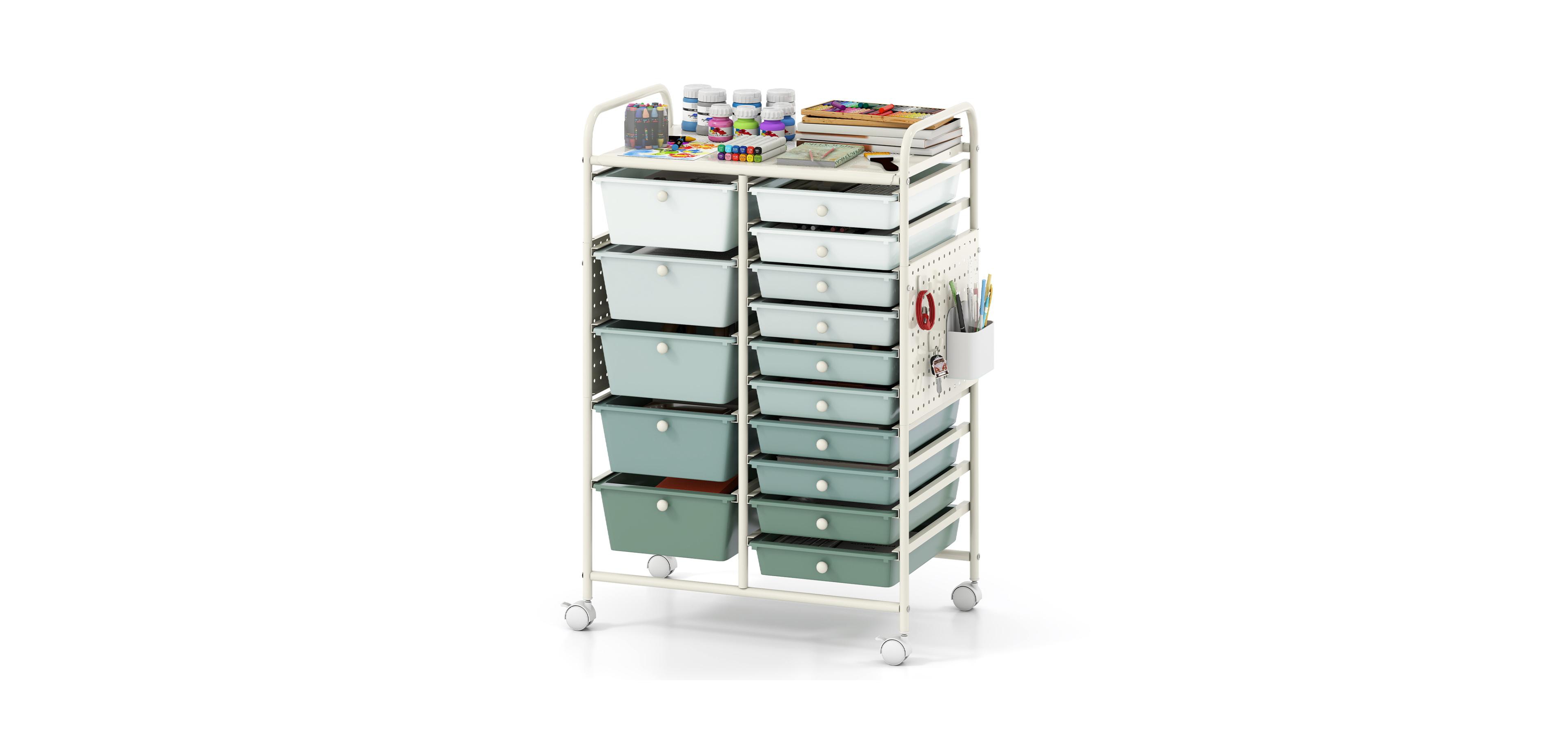 Mecale 15-Drawer Rolling Cart with Metal Top and Pegboard