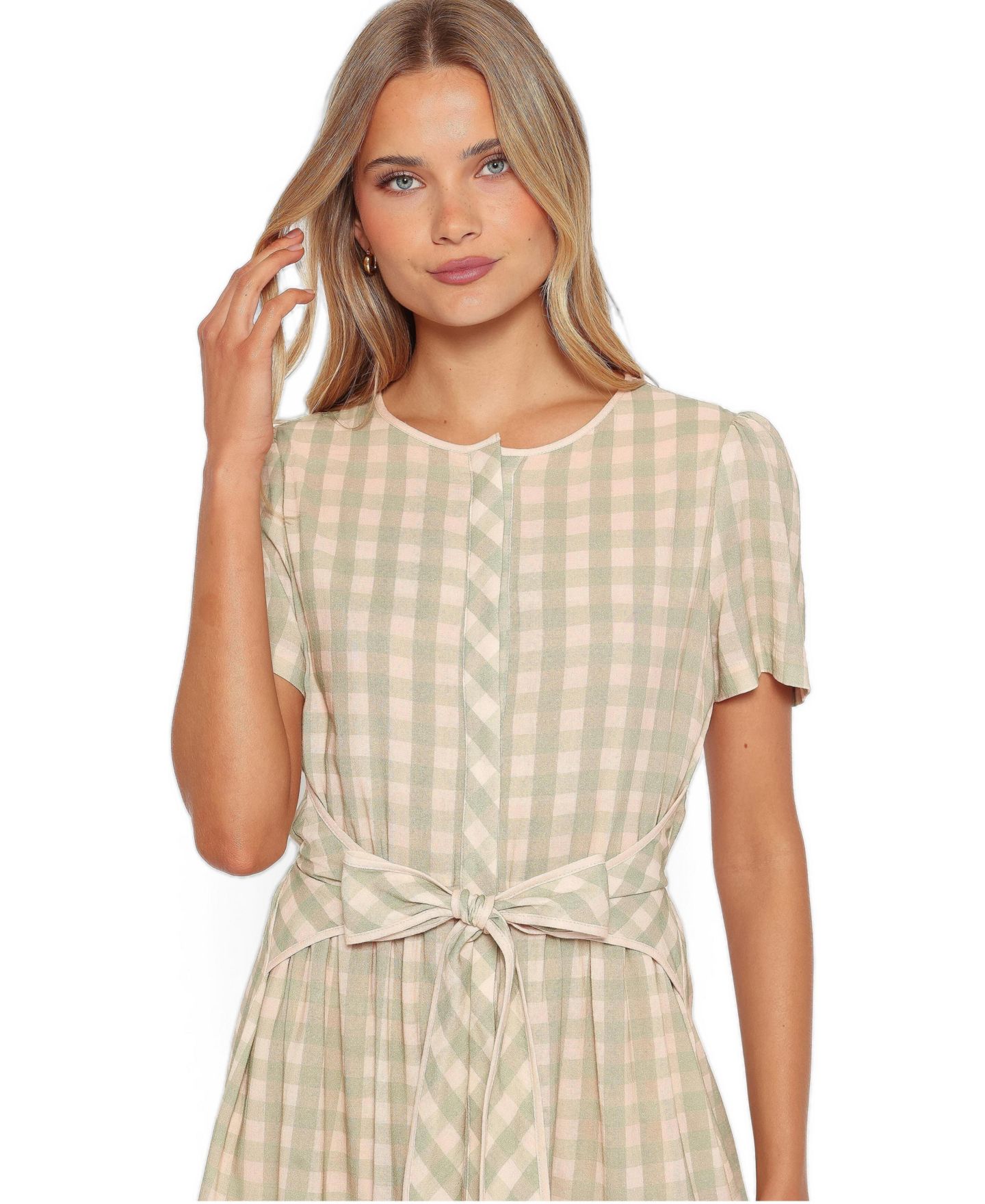 Женское платье Petal and Pup Lorry Tie Front Mini, цвет: Зелёный / Розовый в мелкую клетку — фото 2