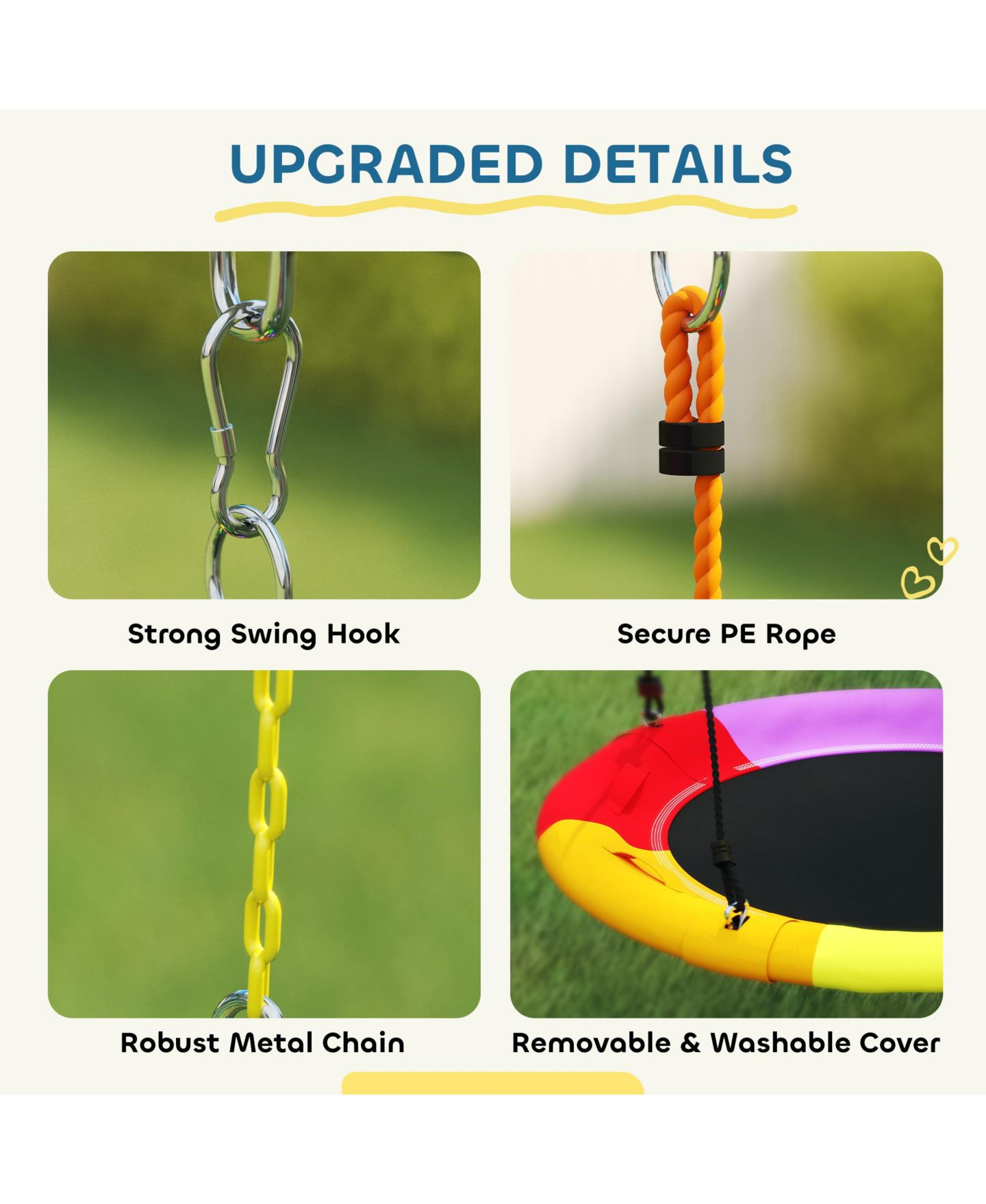 Детские игрушки Glintex 5-in-1 Kids Swing Set with Slide, Nest Swing, Belt Swing, Glider, Standing Swing, Steel A-Frame, 771 lbs Capacity, Ages 3–8, цвет: Разноцветный — фото 8