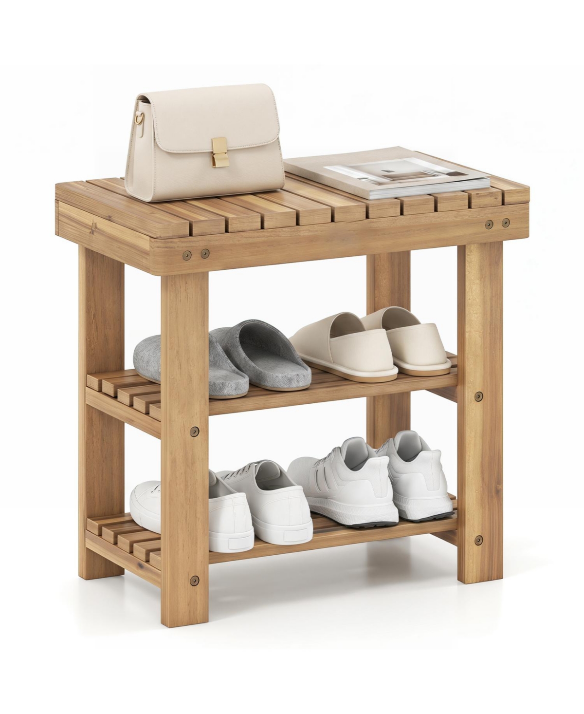 Mecale 3 Tier Solid Wood Shoe Rack Bench with Slatted Shelves S