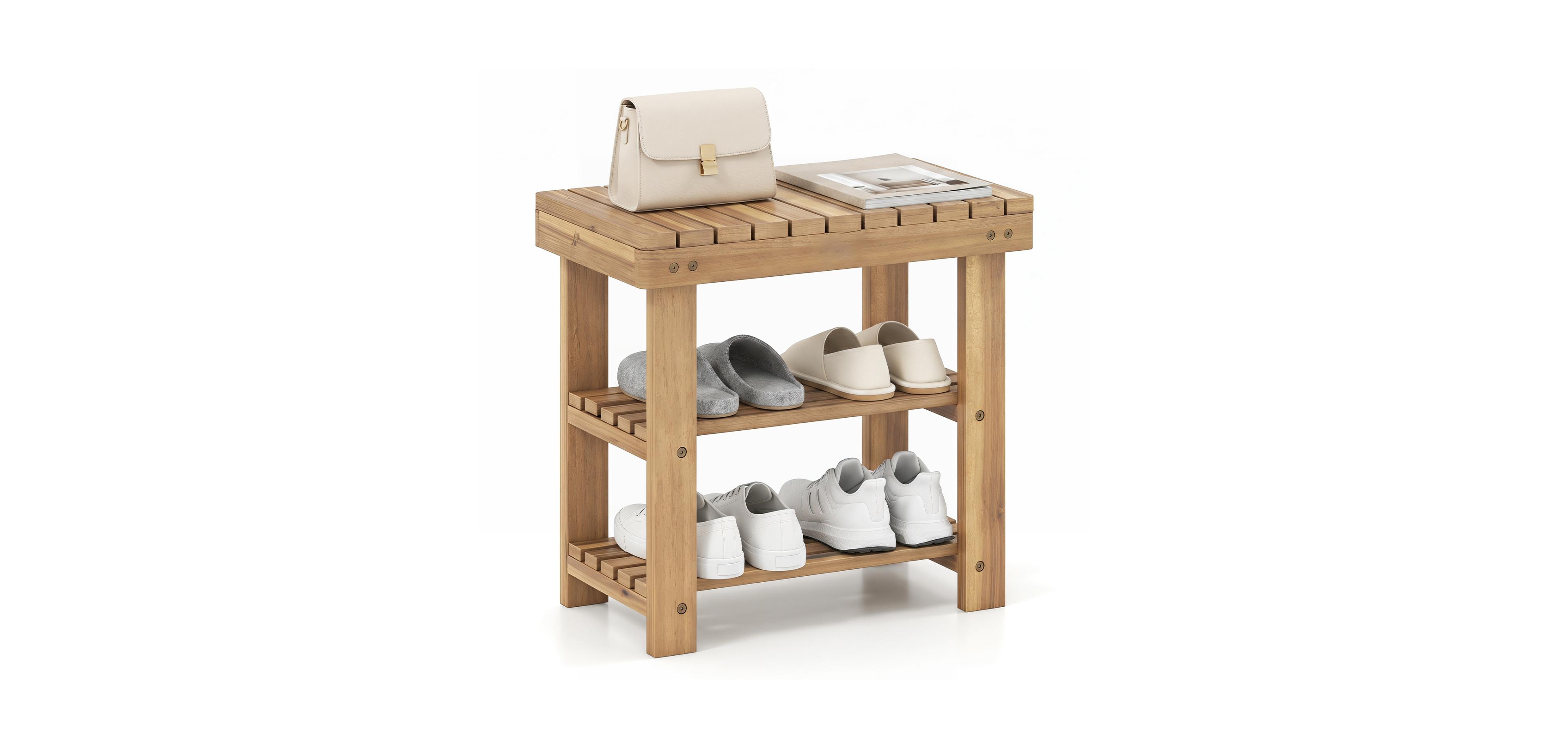 Mecale 3 Tier Solid Wood Shoe Rack Bench with Slatted Shelves S