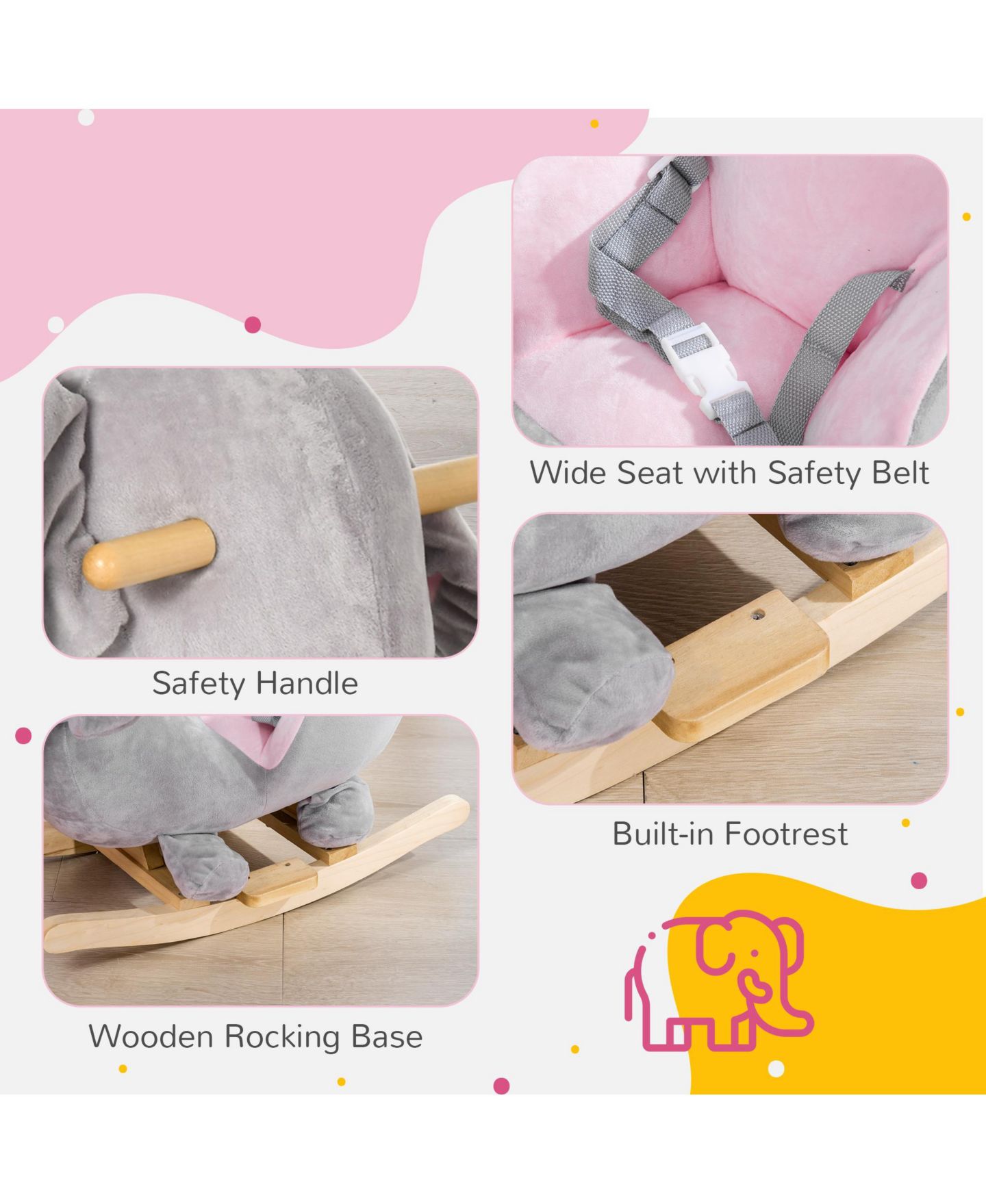 Детская мягкая игрушка Glintex Baby Rocking Elephant Plush Rocking Chair With Sounds, 110 lbs, Ages 1.5-3, цвет: Серый — фото 7