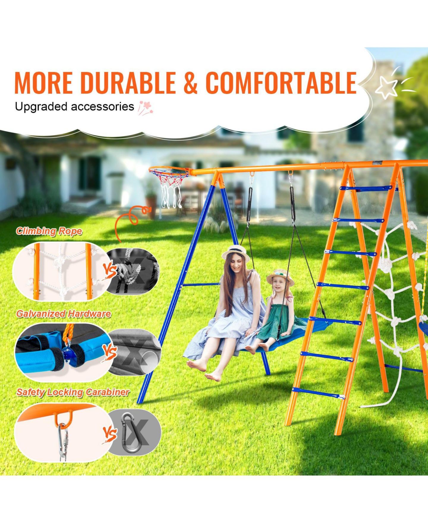 Детские игрушки Glintex 6-in-1 Metal A-Frame Swing Set with 2 Swings, Trapeze Bar, Climbing Ladder, Climbing Net & Basketball Hoop, 440 lb Capacity, Ages 3-12, цвет: Синий — фото 5