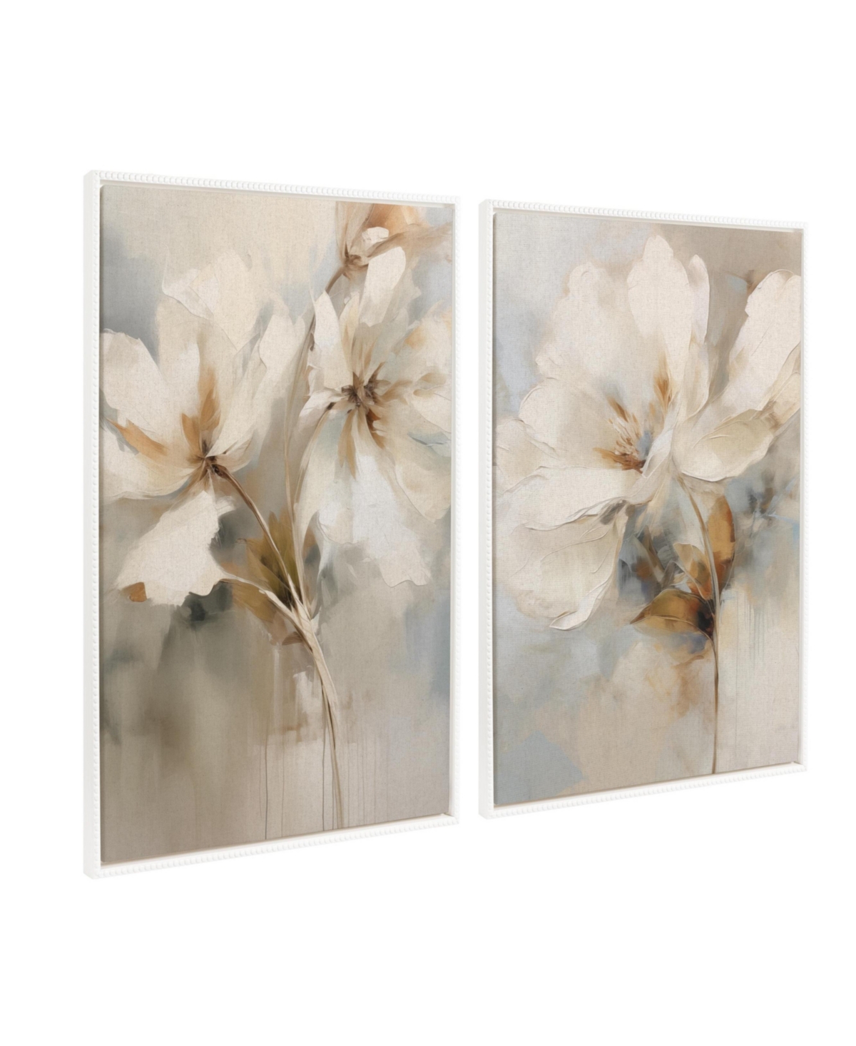 Kate and Laurel Sylvie Beaded Abstract Botanical Floral Linen Painting 1 and 2 Framed Canvas Art Set by The Creative Bunch Studio - Sylvie beaded whit