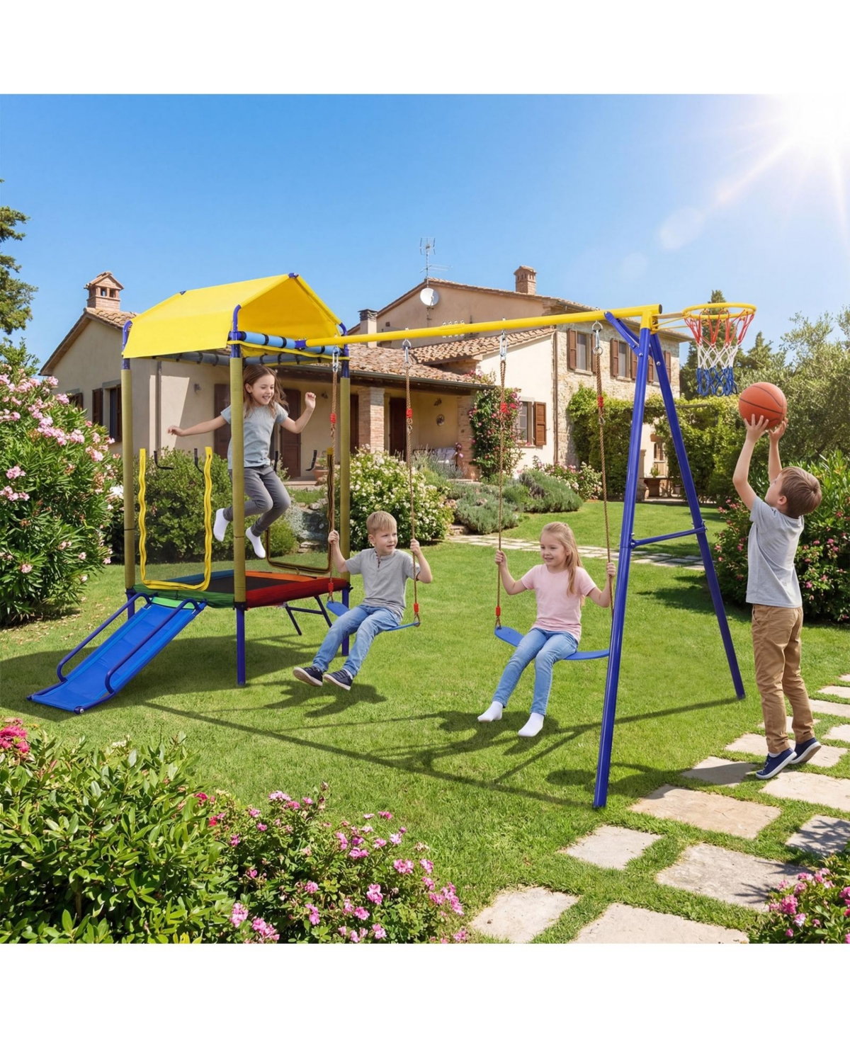 Glintex 5-in-1 Backyard Playset with 40 in Trampoline, Slide, Swing Set, 330 lb Capacity, Ages 8+