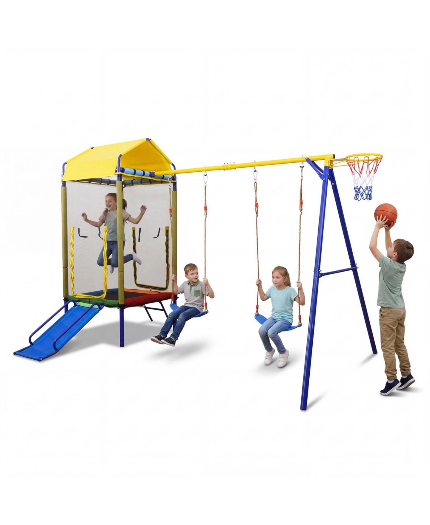 Детские игрушки Glintex 5-in-1 Backyard Playset with 40 in Trampoline, Slide, Swing Set, 330 lb Capacity, Ages 8+, цвет: Жёлтый — фото 1