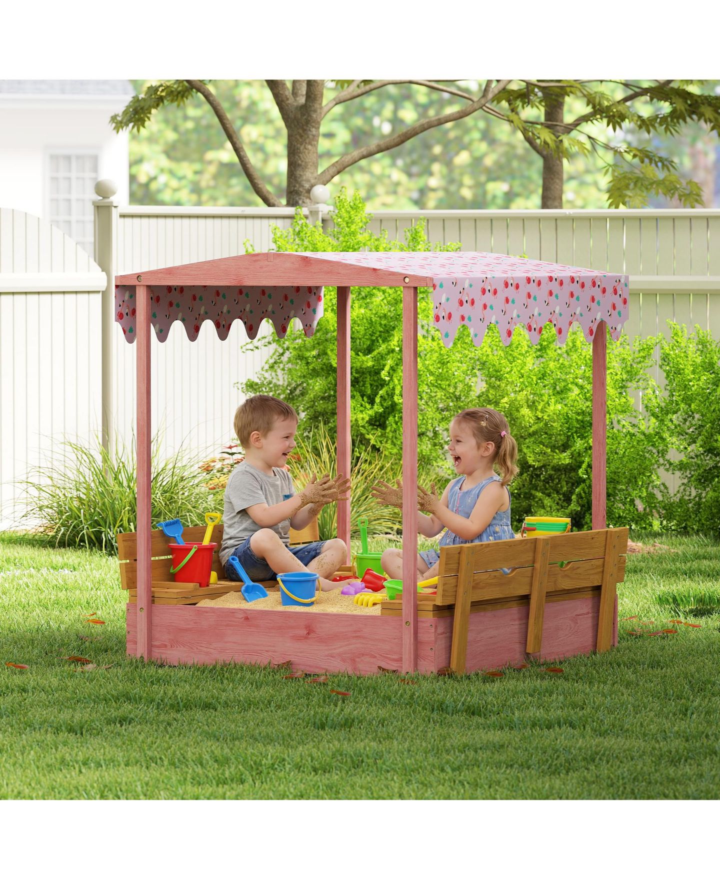 Детская игрушка Glintex Wooden Kids Sandbox with Flamingo Print Canopy and Fold-Down Bench Cover, 53"L x 50.2"W x 51.2"H, Ages 3-6, цвет: Розовый — фото 10