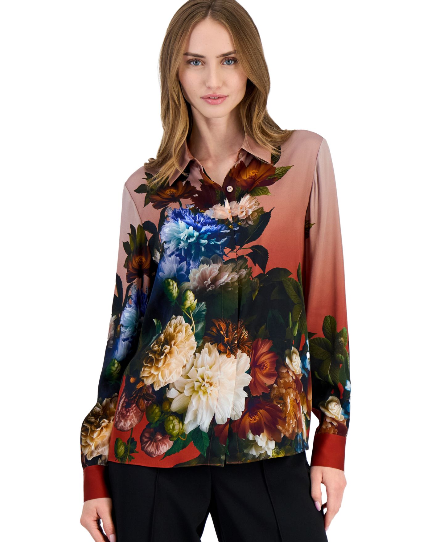 Женская блузка Elie Tahari Shae Long-Sleeve Button-Down Floral-Print, цвет: Тёмно-зелёный — фото 1