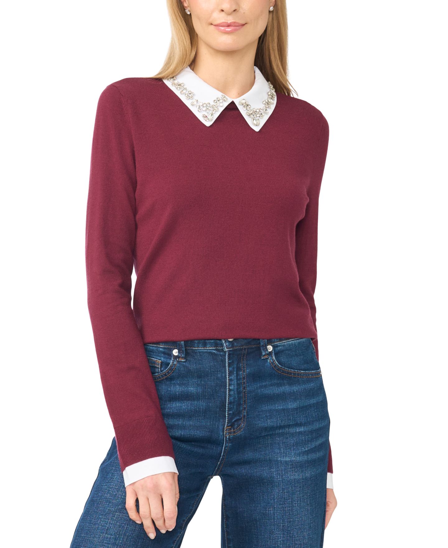 Женский свитер CeCe Dupraz Jewel-Collar Long-Sleeve, цвет: Мерло — фото 1