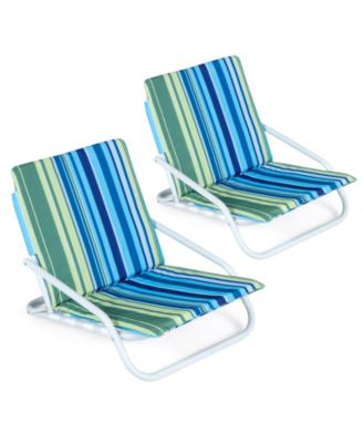 Set of 2 Folding Low Beach Chairs with Padded Seats and Back Pockets